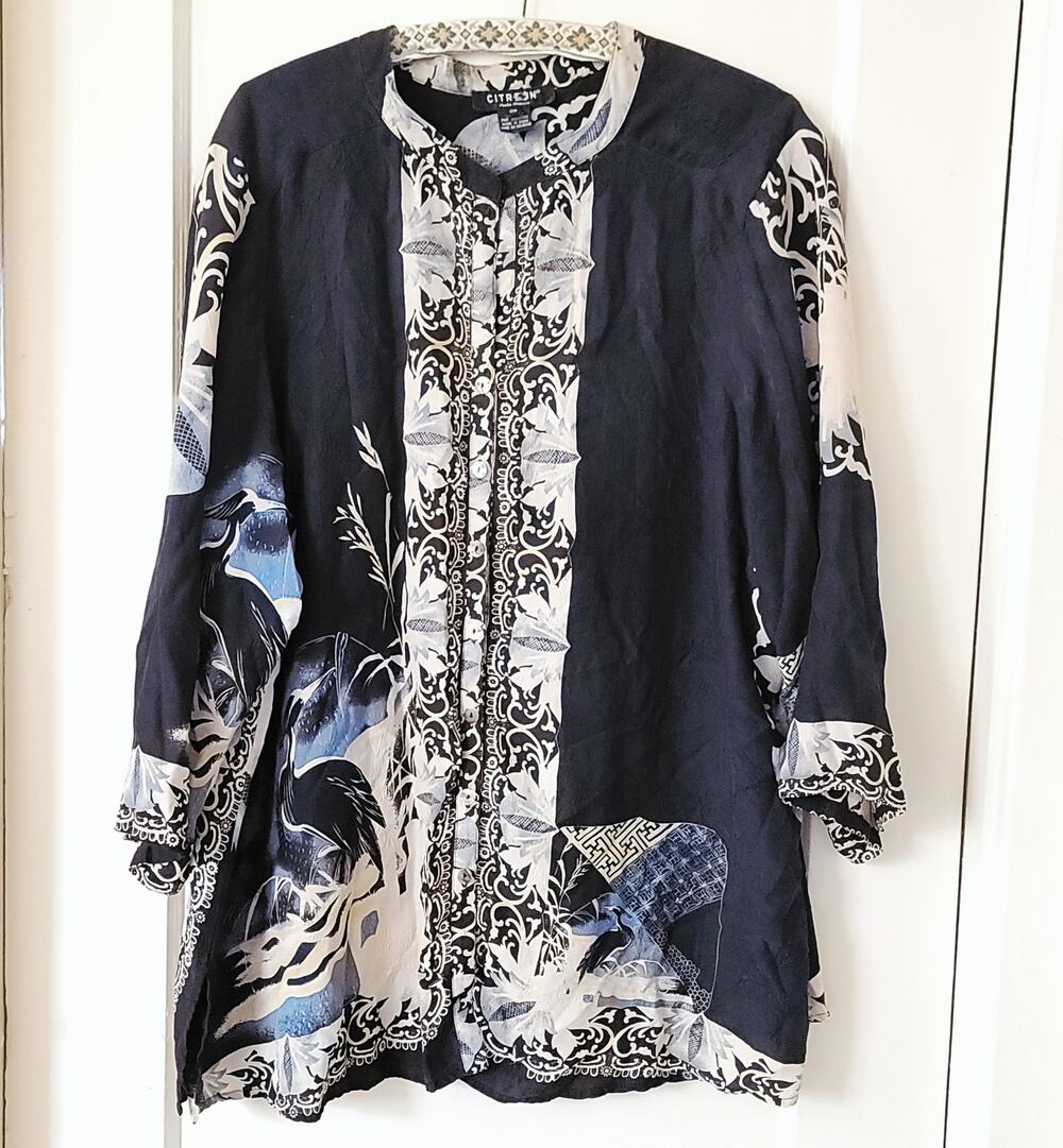 Citron Santa Monica 100% Silk Crane Button Blouse 3X